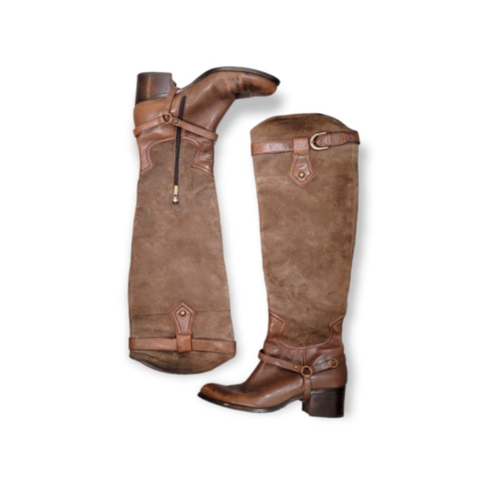 Boutique Women's Brown Leather Suede Round Toe Cuban Heel Riding Boots Size 9